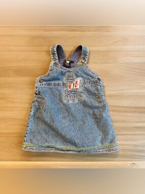 3/$22 Gagou Tagou Denim Overall Dress Rainbow Adjust Snap Button Straps Size 12M